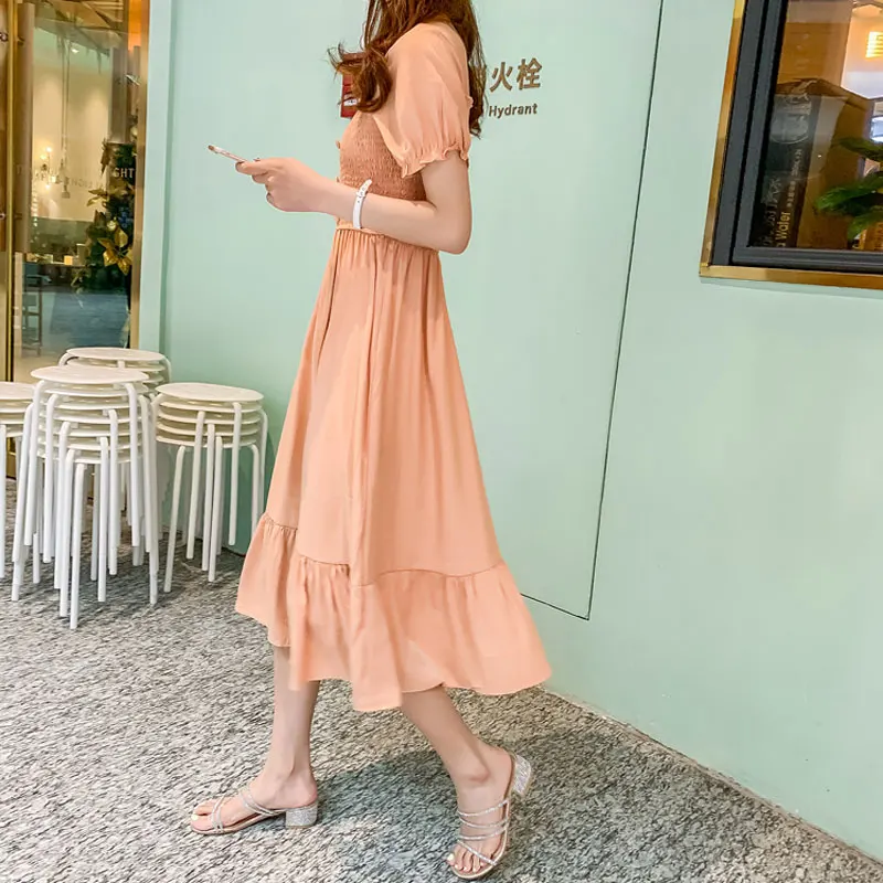 Французский Ретро тонкий квадратный воротник с пышными рукавами эластичная