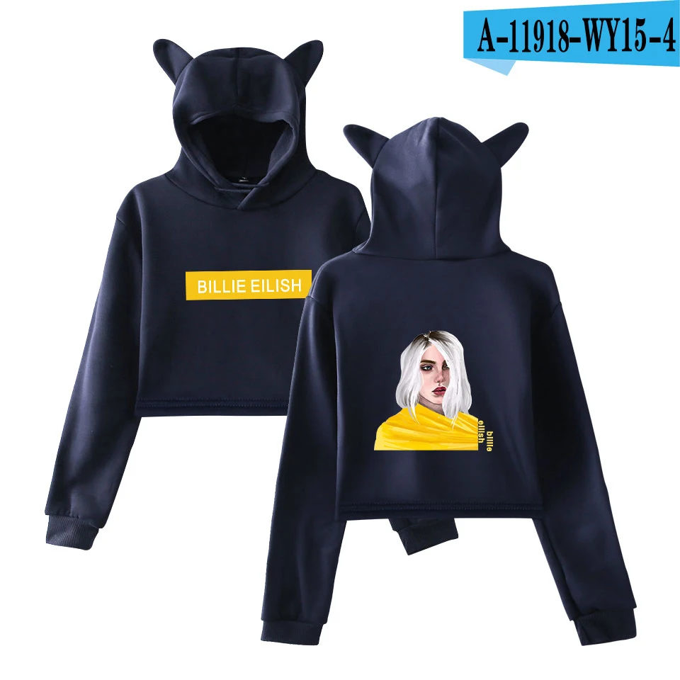 Billie Eilish Кепка с кошачьими ушками сексуальные толстовки модный тренд короткий кошачий Топ Женская толстовка с принтом сексуальная одежда Kpop - Цвет: navy