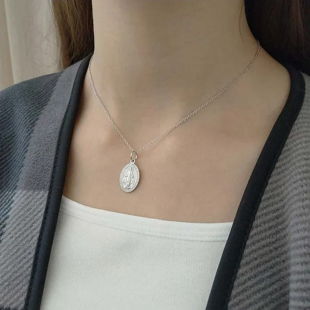 Sliver Peri'sBox золотой серебряный цвет девственница Mary кулон ожерелье s 925 пробы Серебряный религиозный чокер ожерелье Простой овальный диск чокеры - Окраска металла: Sliver