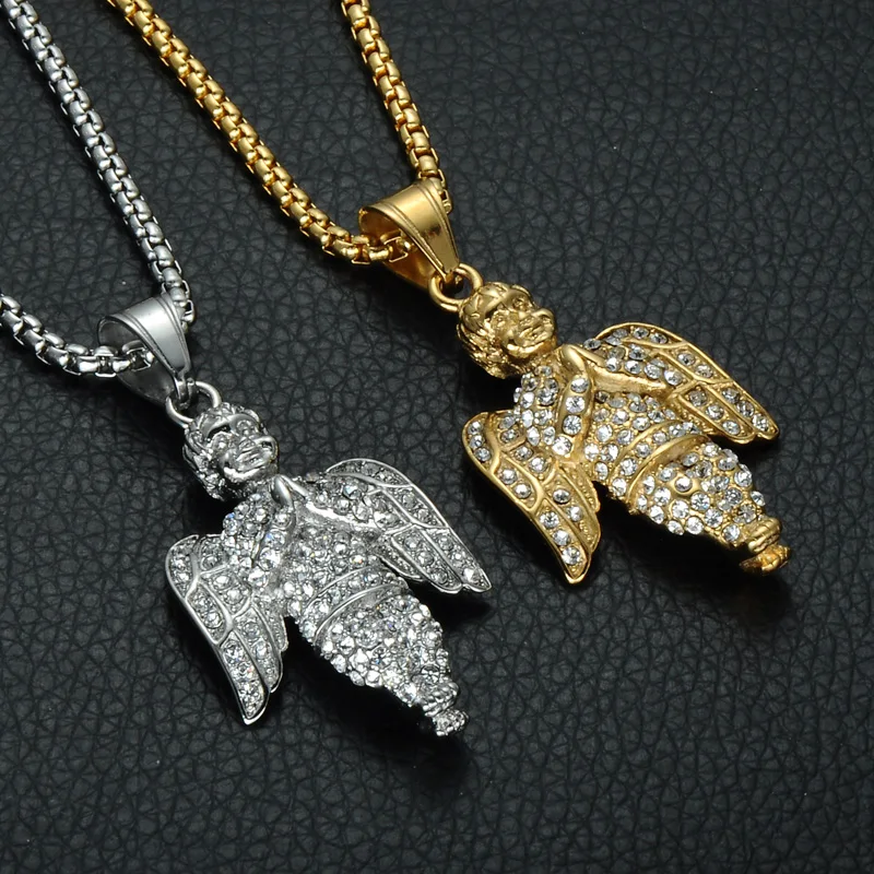 Хип хоп Ангел молитва подвески ожерелья Золото Нержавеющая сталь Bling Iced Out