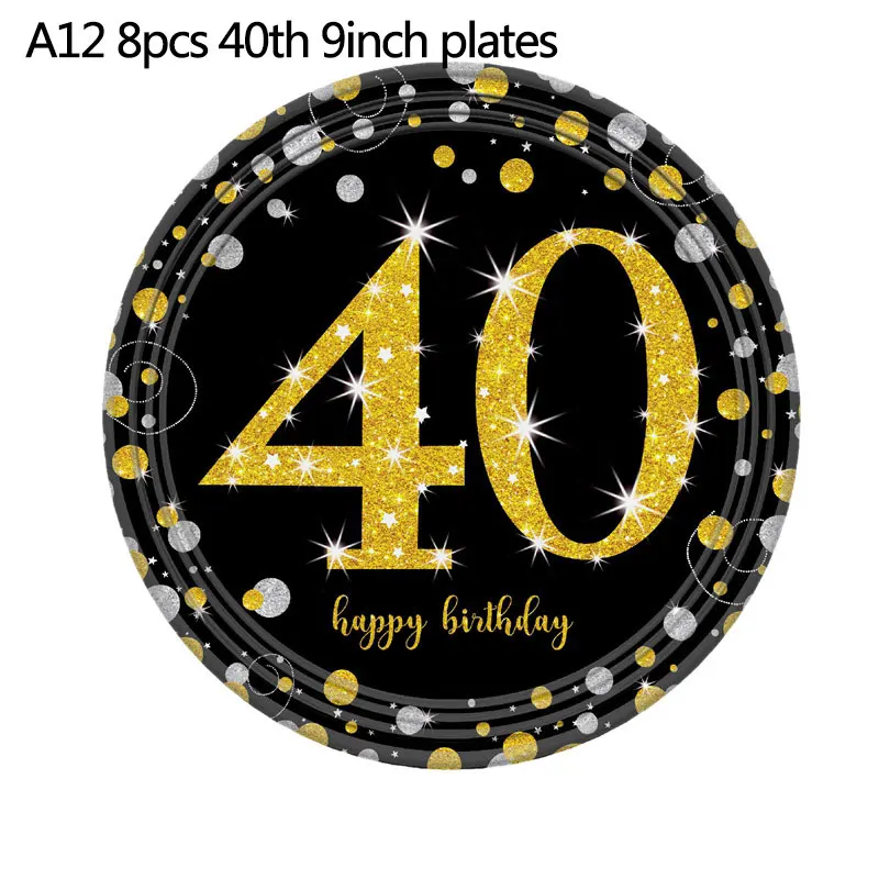 A12 9inch plates 18/21/31/40/50th черный золотой счастливый посуда для вечеринки в честь Дня Рождения наборы скатерть чашки тарелки салфетки Свадебные принадлежности для юбилейной вечеринки - Цвет: A12 9inch plates