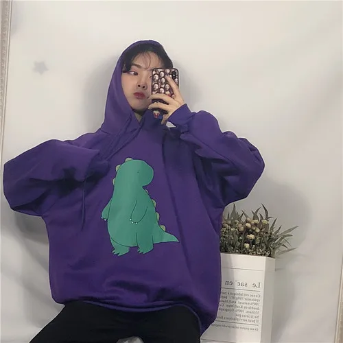 purple3692 Весенние толстовки с капюшоном в стиле Харадзюку, женские повседневные Свободные флисовые Топы с капюшоном и принтом динозавра из мультфильма, милая одежда больших размеров для студентов - Цвет: purple3692