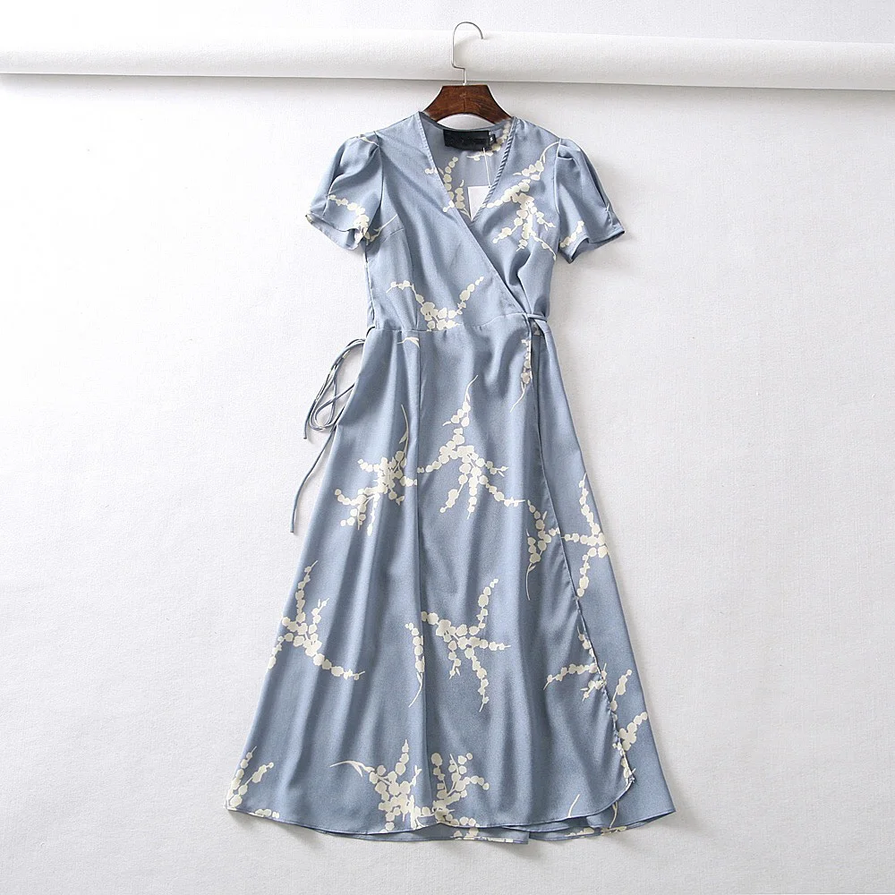 Лето boho Винтаж цветок dot print wrap dress Женщины с коротким рукавом шифоновое пляжное