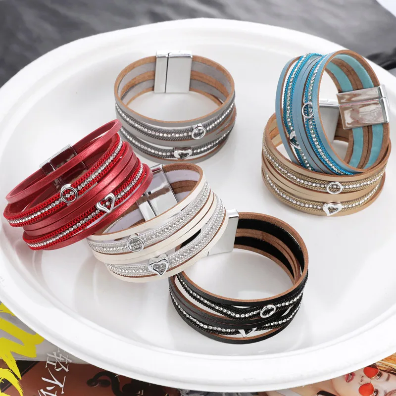 Женский Многослойный кожаный браслет MINHIN на запястье с подвеской в виде сердца |