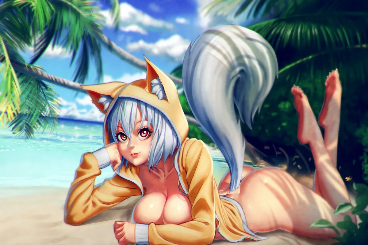

sexy anime fox girl on the beach PDM511 canvas fabric poster custom print wall art room decor home decoration (frame available)