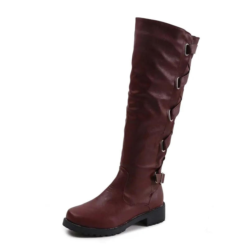 Осенние женские мотоциклетные сапоги до колена на платформе низком каблуке