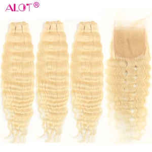 Alot 613 свободные глубокие волнистые человеческие волосы пучки с закрытием бразильские Платиновые светлые волосы remy для наращивания с кружевом 4 шт