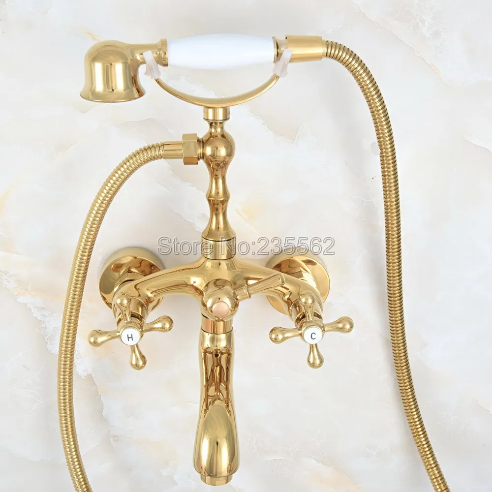 Luxury Gold Color Brass Bath Shower Faucet Set Dual Handle Wall Mounted Clawfoot Tub Mixer Tap lna801 | Обустройство дома