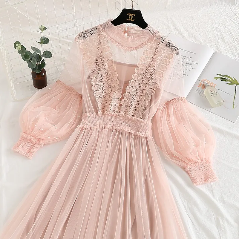 Женское прозрачное Сетчатое кружевное платье милое миди с рукавами фонариками