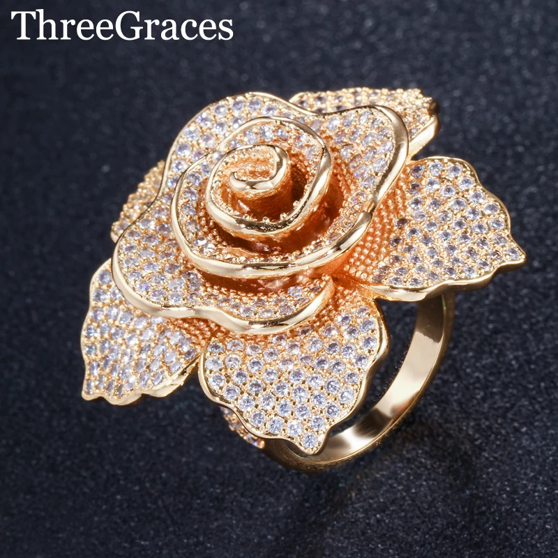 

ThreeGraces Micro Pave Cubic Zirconia Stones Big Geometric Flower Gold Color Wedding Ring for Women Party Accessories RG077