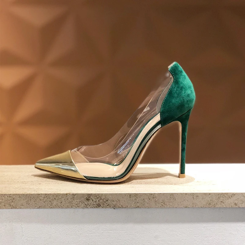Женские туфли лодочки на высоком каблуке зеленые из ПВХ и замши с острым носком