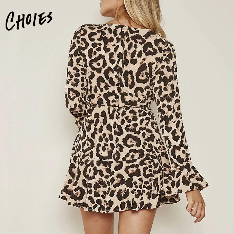 2 цвета с глубоким v образным вырезом Леопардовый свободный рукав принтом мини