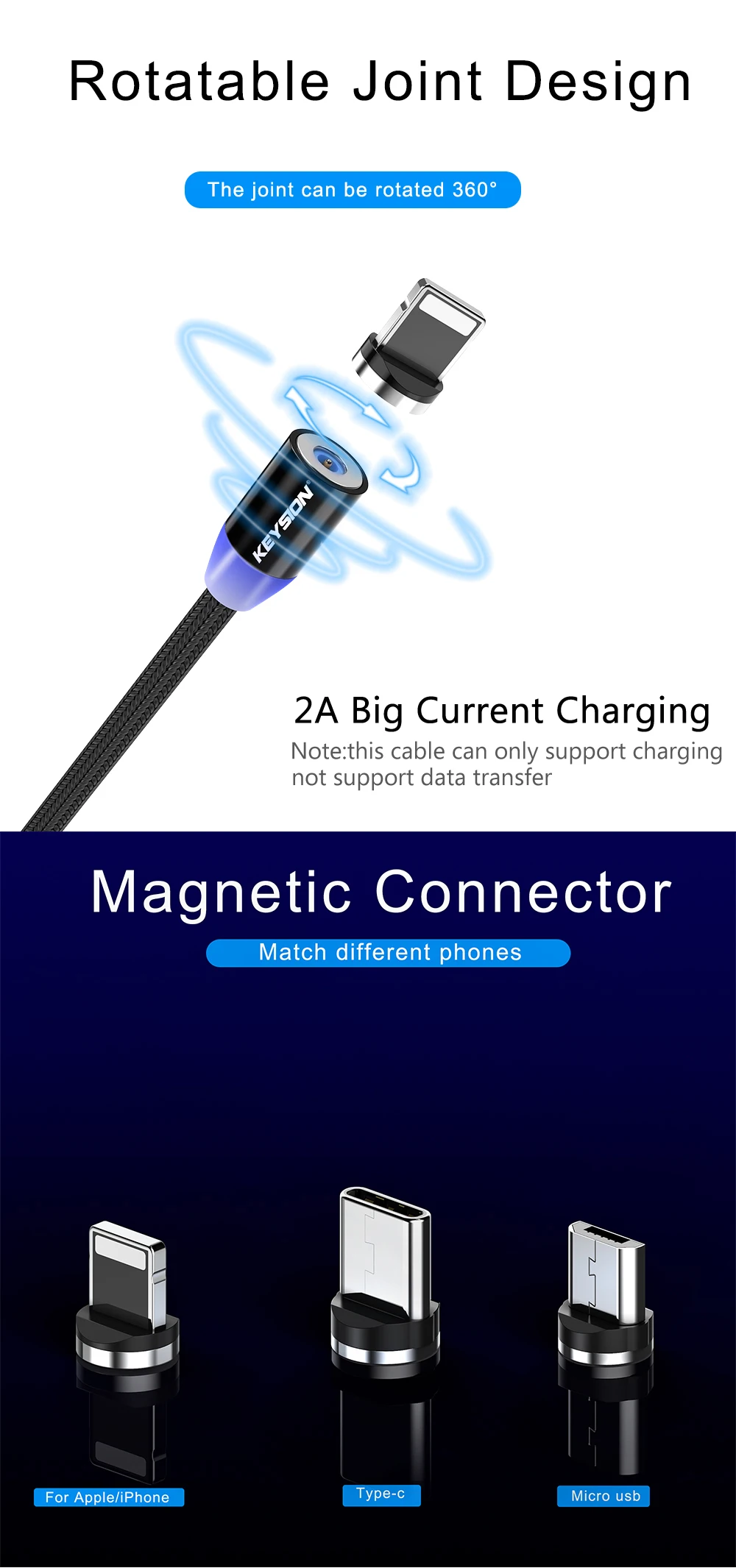 KEYSION type-C светодиодный магнитный кабель для Xiaomi mi 9T Pro mi 9 SE Red mi K20 Note 7 Pro 1m 2m 2A кабель для быстрой зарядки type-C для Poco F1