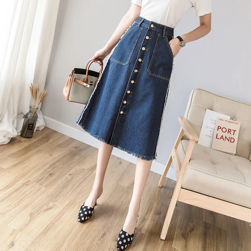 Женская Юбка миди из денима с завышенной талией|Женские юбки| |