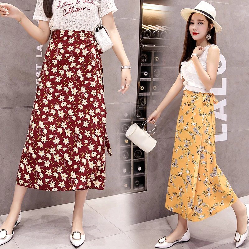 

Women Summer Chiffon Wrap Skirt Long Floral Beach Skirt Casual Floral Print Belt Sandy One-piece Skirt