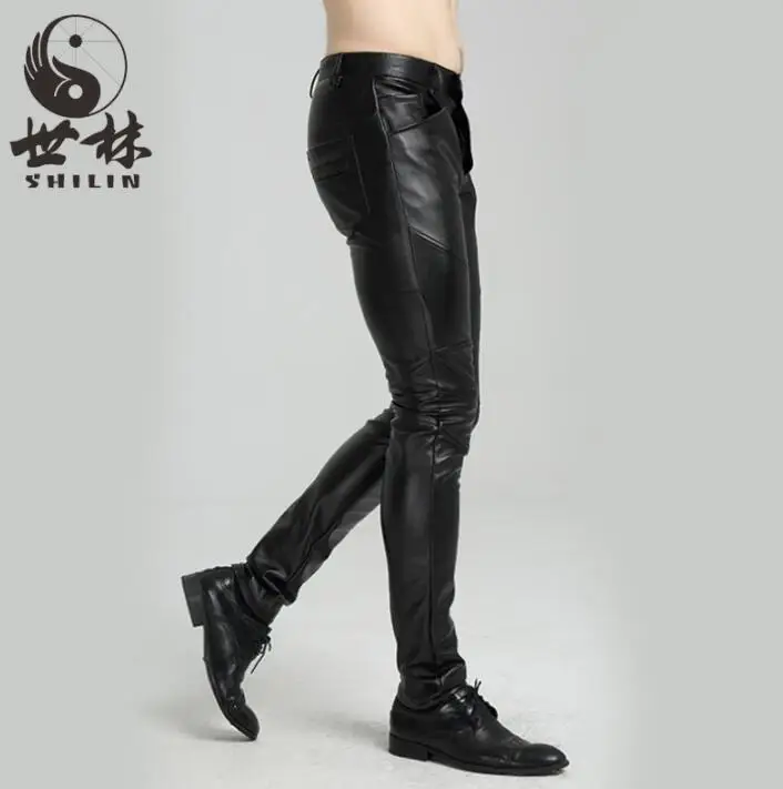 Autumn personality fashion motorcycle faux leather pants mens feet pants velvet pu trousers for men pantalon homme black