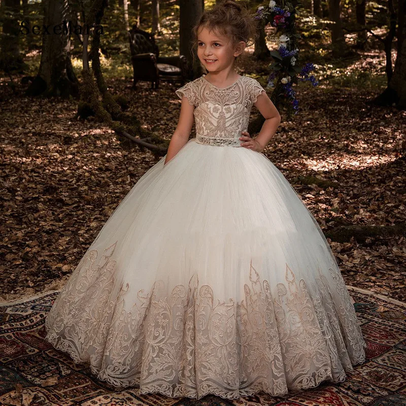 

Princess Gold Lace Puffy Tulle Flower Girls Dresses For Wedding Girls First Communion Dresses Special Occasion Gowns Custom Size