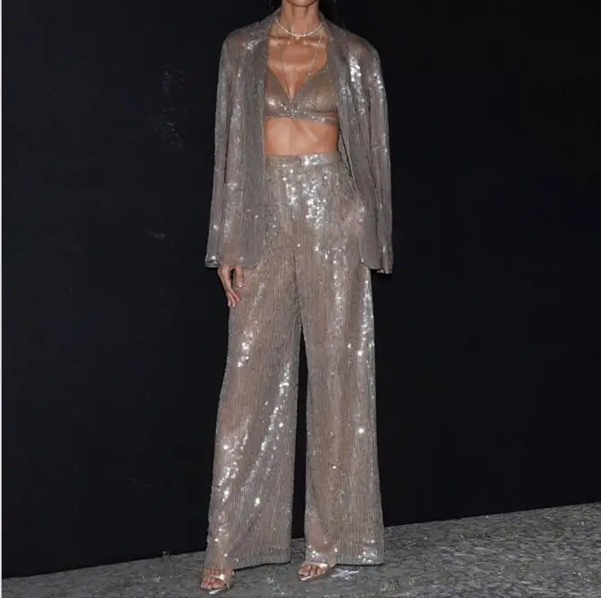 

Women's high-grade metallic sequins catwalk fashion suit loose long-sleeved jacket casual suit suit