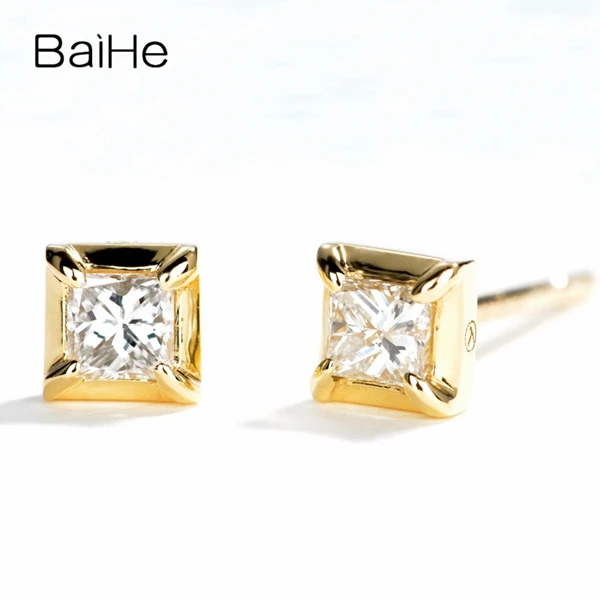 BAIHE Твердые 14 к желтое золото 0.20ct Принцесса Форма I-J/SI настоящие натуральные бриллианты Свадебные трендовые ювелирные изделия серьги-гвоздики