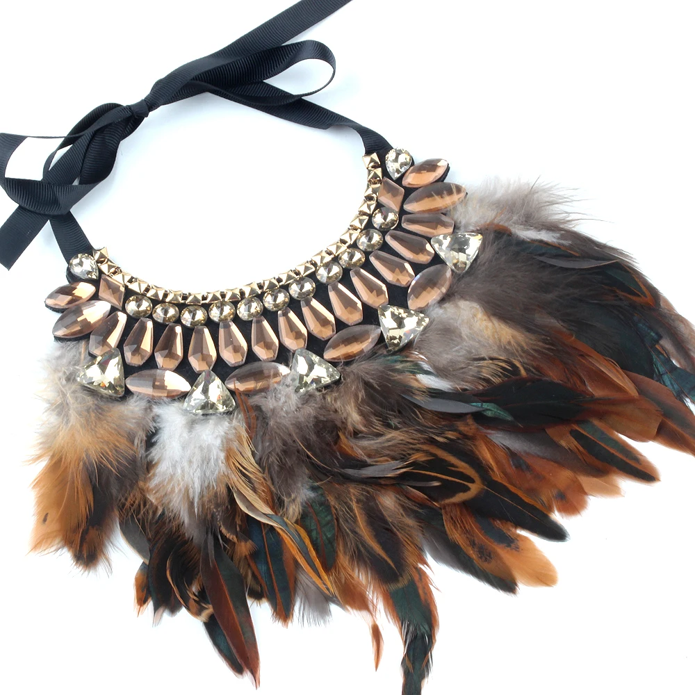 ZMZY роскошное эффектное ожерелье с перьями с кольцом Femme Boho модное винтажное Макси хрустальное ожерелье в виде капли