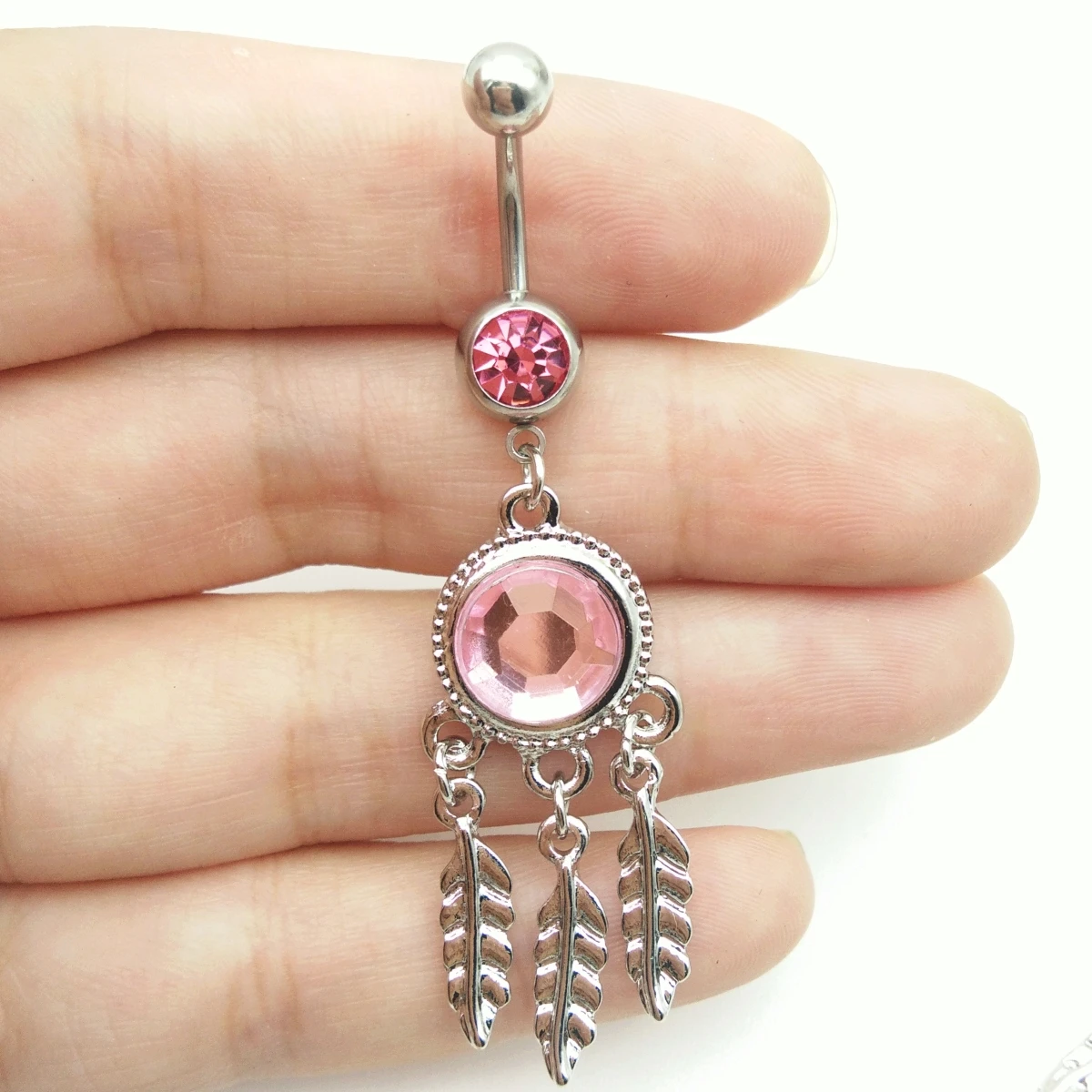 2019 new arrivals big Gemmed pink Dangling Leaves Surgical Stainless Steel luxury Barbell Navel belly button rings body jewelry | Украшения