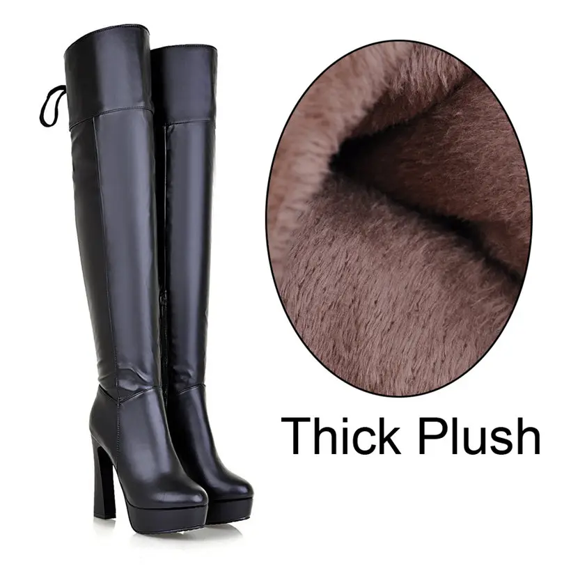 Black Thick Plush Зимние женские Сапоги выше колена из эластичной искусственной кожи с плюшевой подкладкой высокие сапоги до бедра на платформе с высоким массивным каблуком 12 см и круглым носком, на шнуровке, на молнии - Цвет: Black Thick Plush