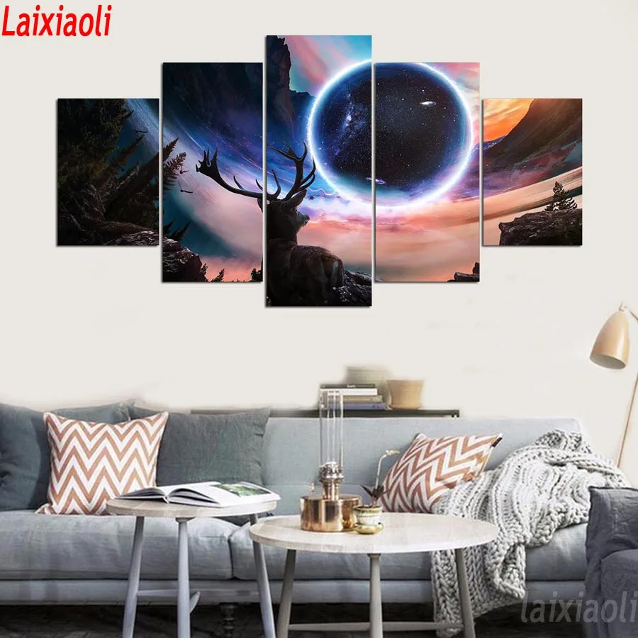 5 Панель Луны и пейзаж с оленем Алмазная вышивка камни в форме ромба Набор для