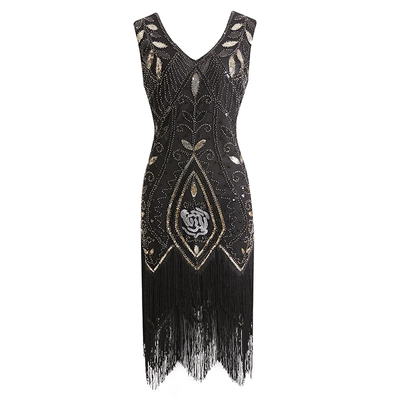 black Mujeres s 1920 s vestido de aleta Gatsby винтажный talla grande ruaring S 20 s vestidos de disfraz con flecos para fiesta de gradu - Цвет: black
