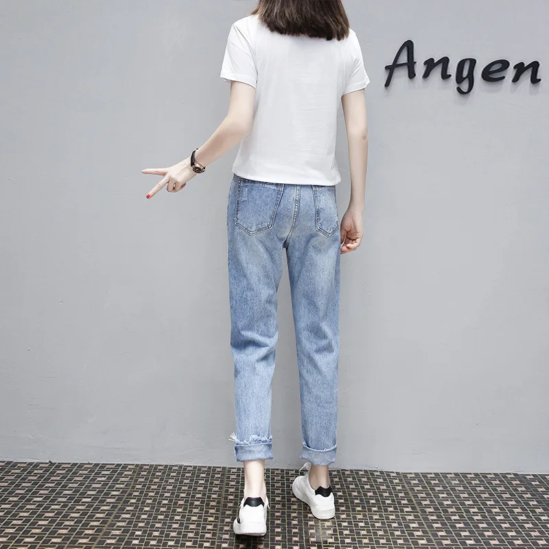 2019 summer fashion new sequin print short-sleeved T-shirt + hole jeans two-piece suit student leisure | Женская одежда
