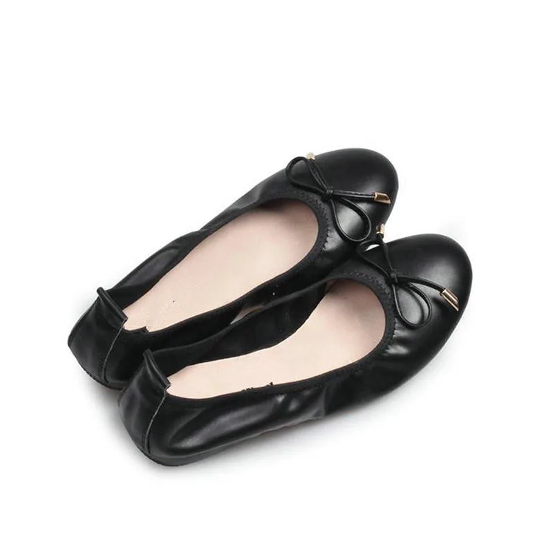 Four Seasons Hot Brand Design Genuine Leather Pink Black Fashion Bow Decoration Ladies Single Shoes Round Head Women Flat | Обувь