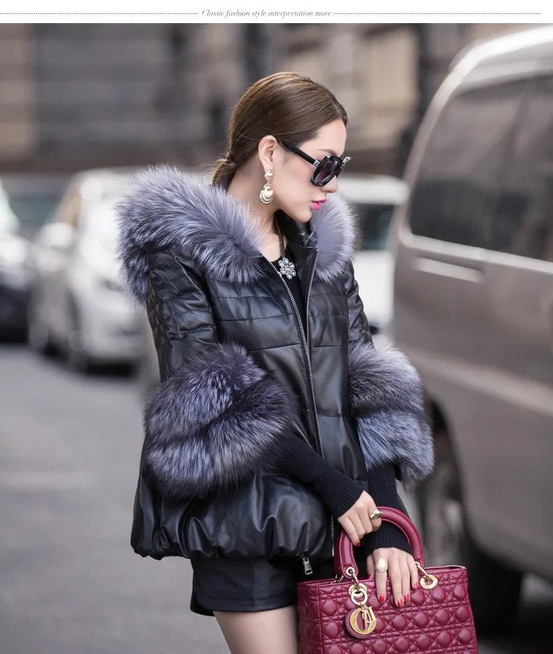 Free Shipping 2016 Latest Design Winter Fur Coat Fashion Slim Woman Leather Jacket Fox Collar A0023 |