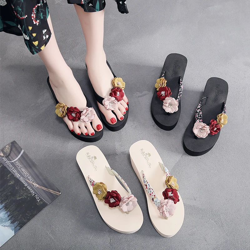 

Wedge Flower Platform Cute Lady Beach Sandals Fashion Summer Handmade Camellia Women Flip Flops Ladies High Heel Slippers