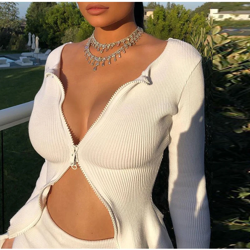 White NewAsia White Sweater Women Sexy Double Zipper Cardigan Celebrity Wear Long Sleeve Split Cuff Short Knitted Tops Winter Clothes - Цвет: White