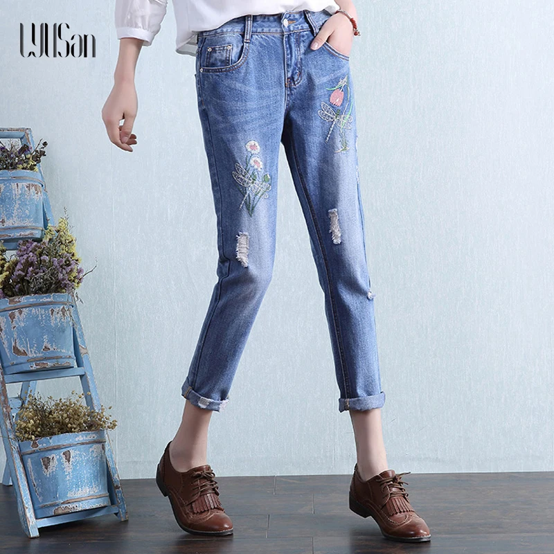 LYUSan женские джинсы с вышивкой рваные бойфренда штаны принтом Харадзюку