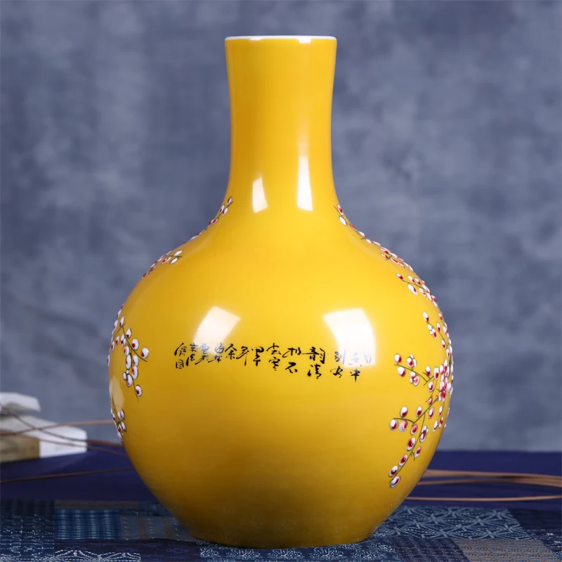 Большая керамическая ваза Цзиндэчжэнь ручная роспись желтой глазурью