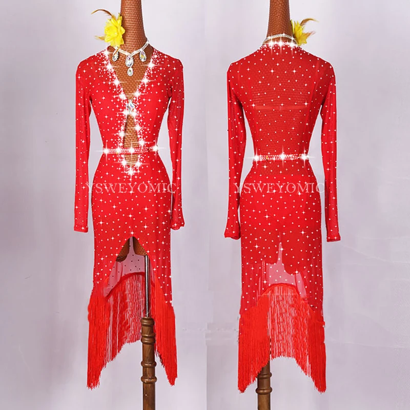Red Black Shiny Rhinestones Latin Dance Performance Female Clothing Competition Suit Dress for Women | Тематическая одежда и