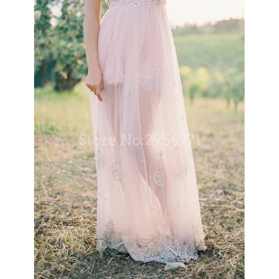 Розовое пляжное свадебное платье в стиле бохо кружевное прозрачное фатиновое с