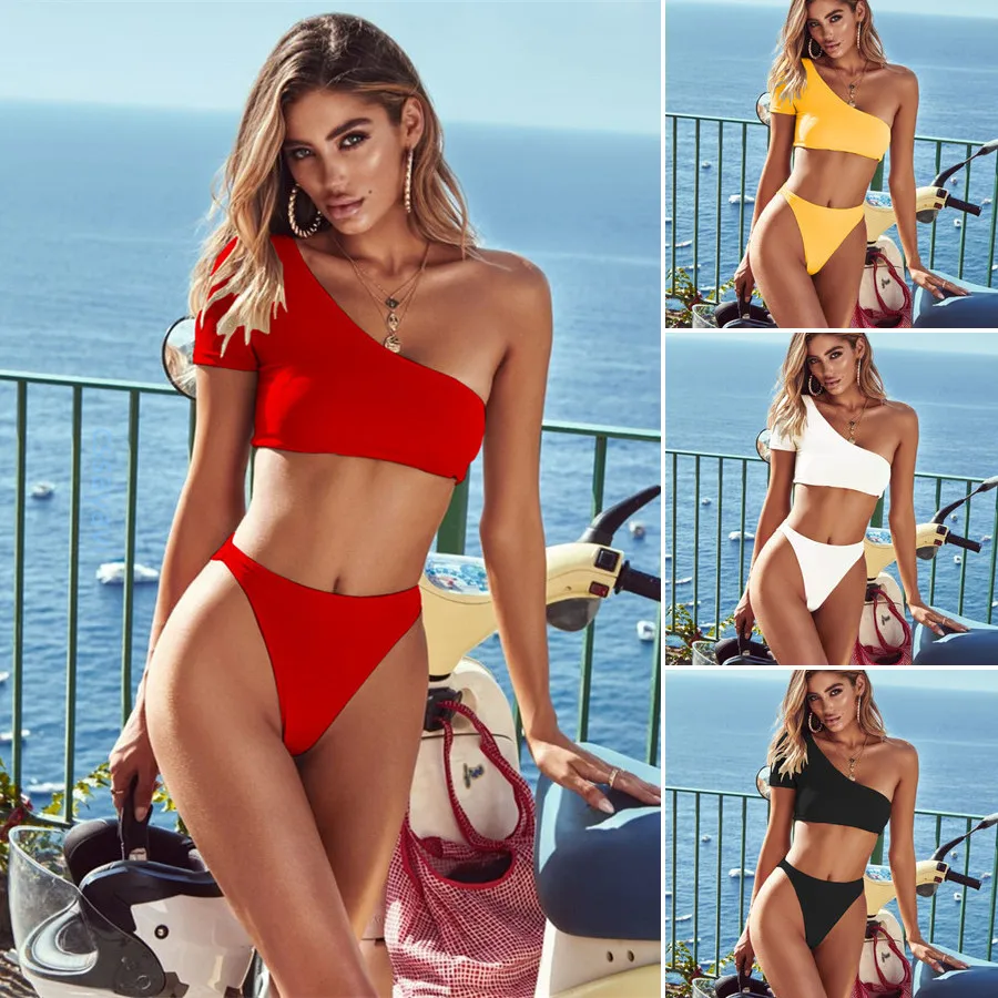 2019 New Women Bikini High waist Swimwear Quality Swimsuit Solid Sexy Bathing Suit One shoulder Biquini |