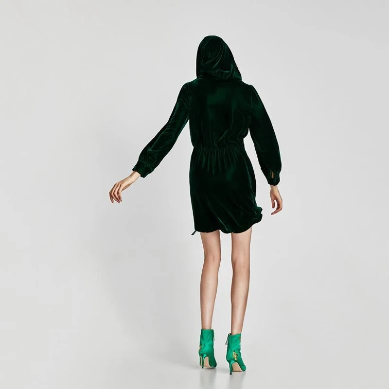 RichLuLu 2017 Sexy Vintage Velvet Mini Dress Women Hooded Solid Green Lace-Up Waist Buttons Female Elegant Vestidos Casual | Женская