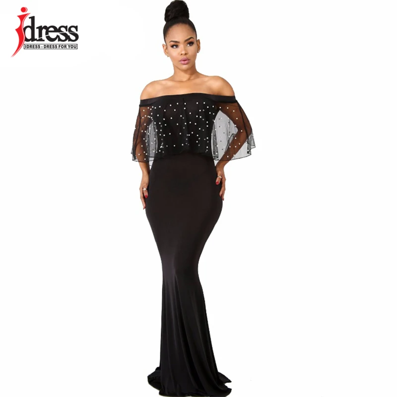 IDress S-4XL женское черное длинное платье плюс размер оборки бисером с открытыми плечами с юбкой-годе платье для вечерней вечеринки короткий рукав Vestidos