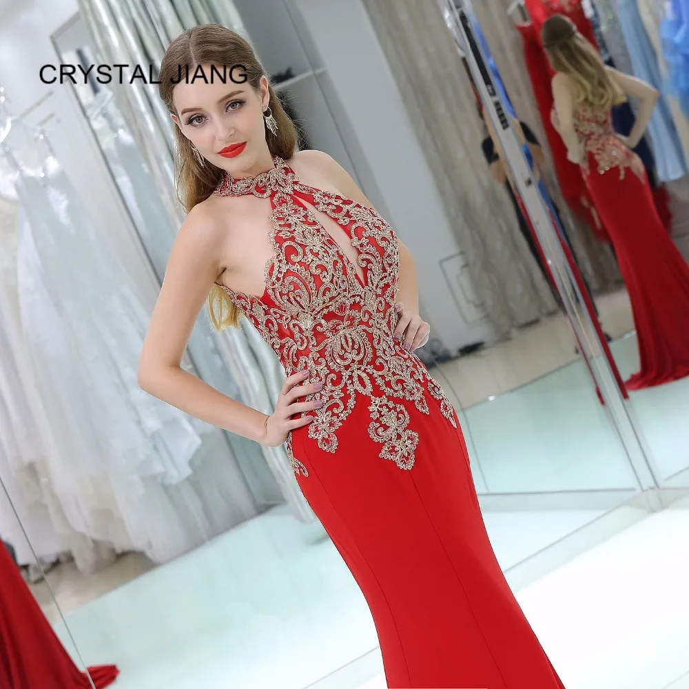 CRYSTAL JIANG 2018 Вечерние платья Длинные сексуальные Холтер Золото Кружева Аппликация