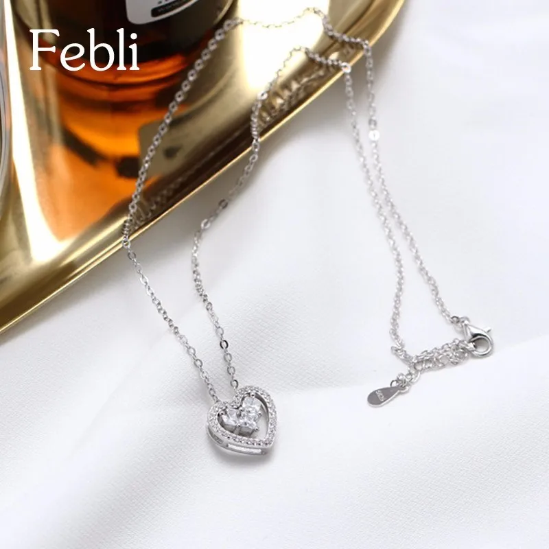 Febli S925 Серебряное сердце ключицы цепи с кубического циркония тонкий и элегантный