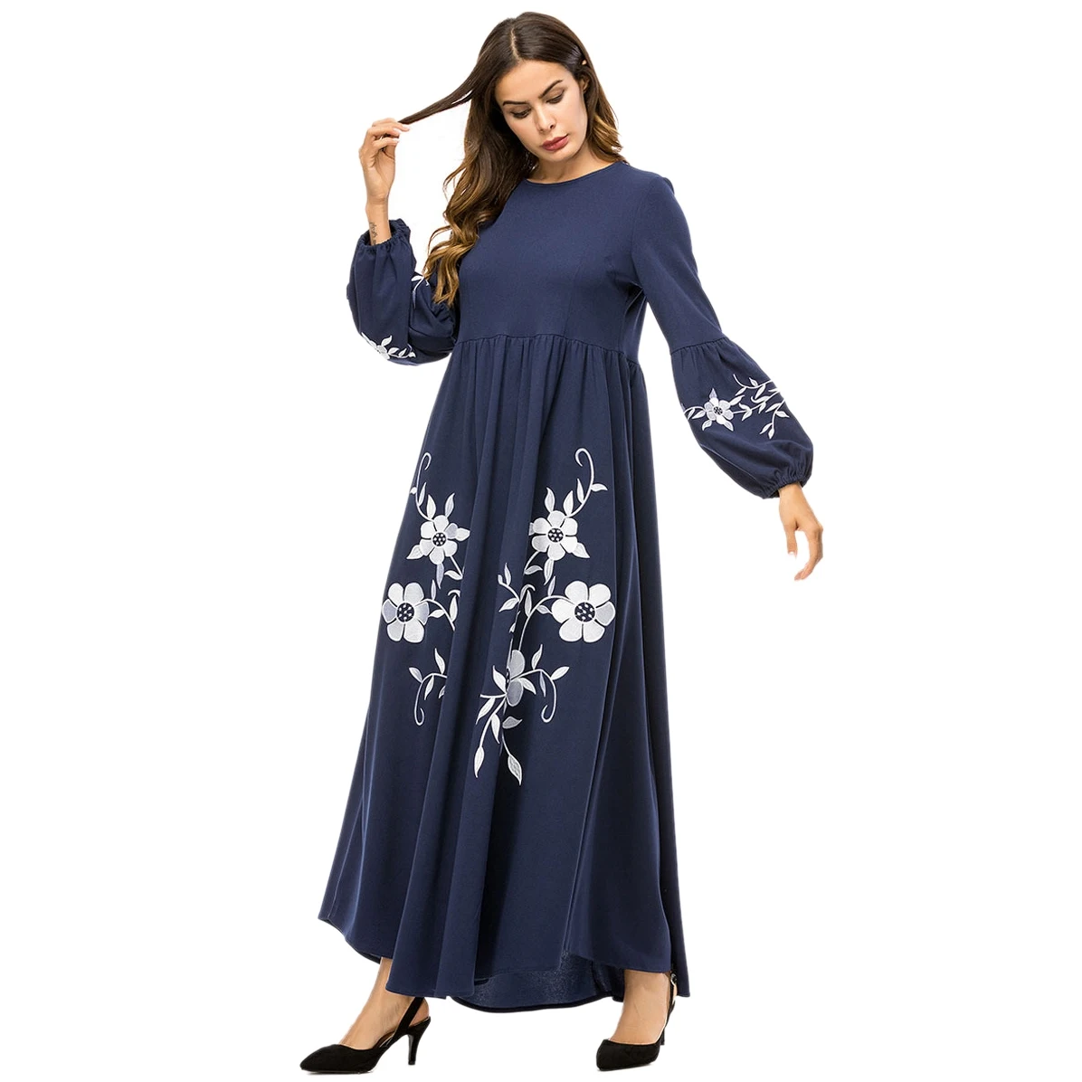 

Muslim Dress Women Embroidery Printed Long Abaya O-Neck Long Sleeve Zipper Loose Long Dress Kaftan Dubai Dress