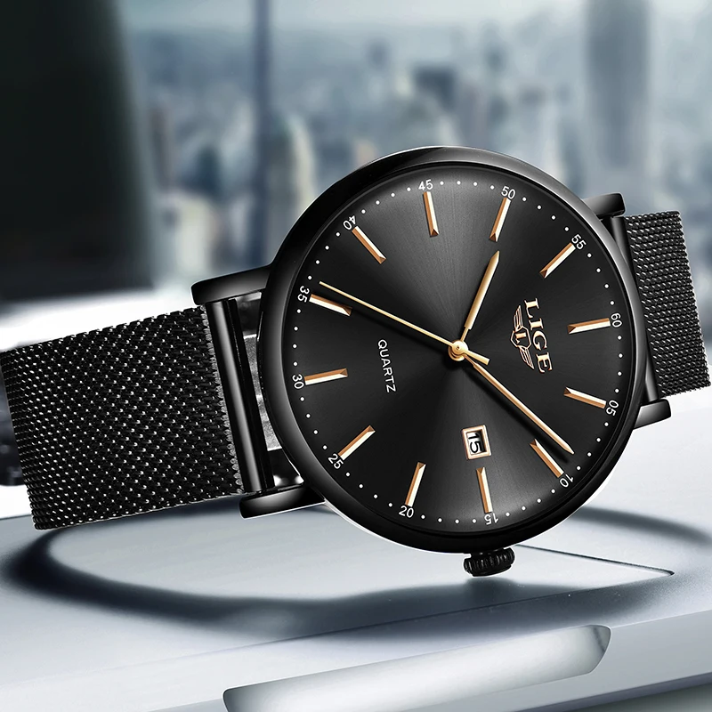 Часы LIGE мужские модные тонкие кварцевые водонепроницаемые спортивные