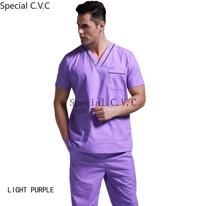light purple SET Набор мужских скрабов из чистого хлопка, Классический Топ с v-образным вырезом и боковым шлицем+ штаны, униформа для медсестер, одежда для врача, хирургическая Рабочая одежда - Цвет: light purple SET