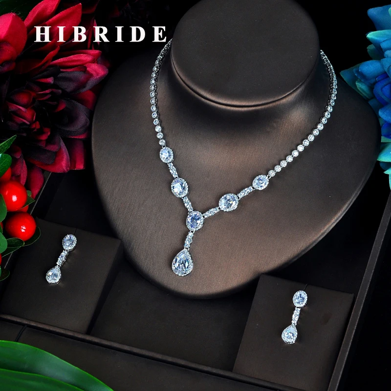 

HIBRIDE New Arrival Wedding Jewelry Set Silver Color Cubic Zircon Necklace/Earring Bijoux Set Pendientes Mujer Moda 2018 N-603