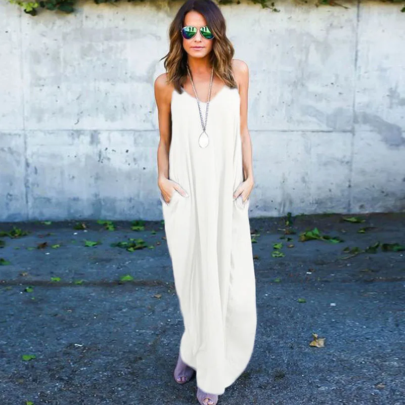 Сексуальное Свободное длинное летнее платье с v образным вырезом без рукавов
