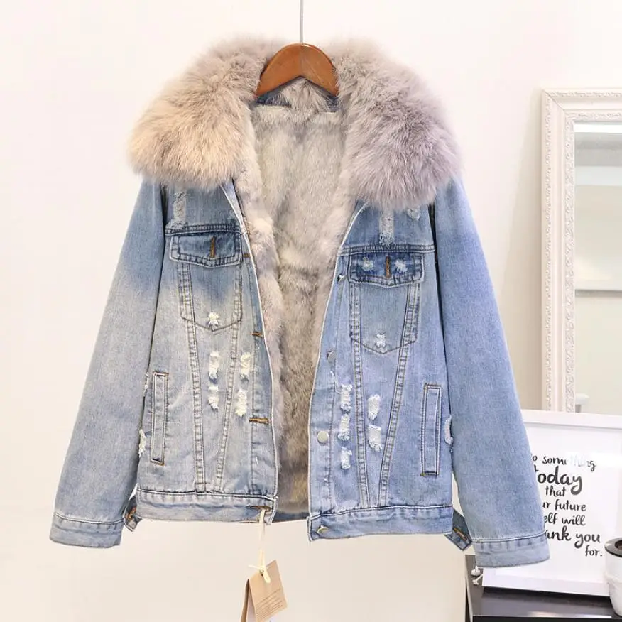 blue with hole Зимнее модное женское теплое пальто, Воротник из натурального Лисьего меха+ подкладка из натурального кроличьего меха, джинсовая куртка, женская утепленная свободная меховая верхняя одежда L1784 - Цвет: blue with hole