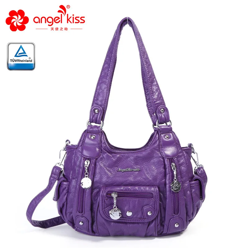 Фиолетовый Angelkiss Модные 2 Топ молния мягкий промытый из искусственной кожи Сумки ранцы для женщин курьерские сумки кошельки с бесплатным подарком - Цвет: Фиолетовый