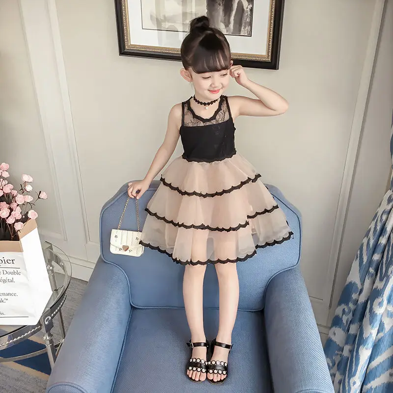 Hot Selling 2019 New Spring Girls Dresses Solid Khaki Dress Summer Style Children's Sleeveless for Cake Lace | Детская одежда и
